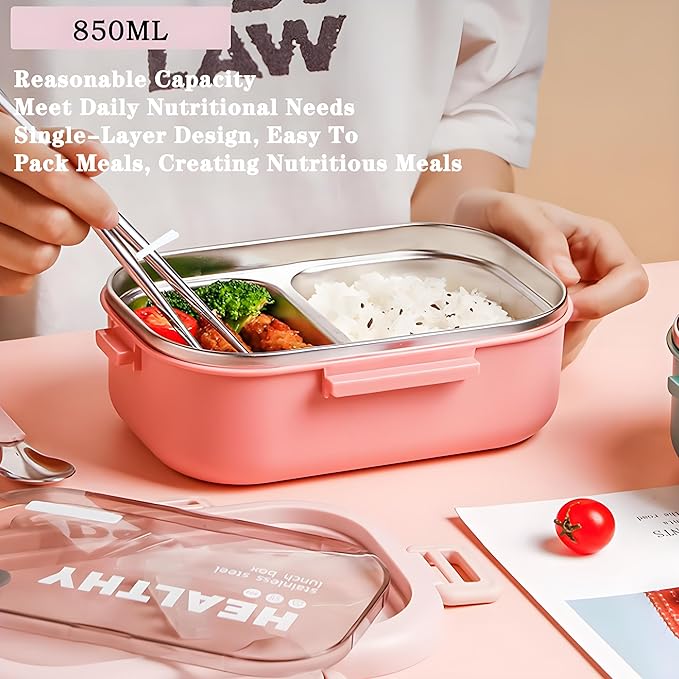 Stainless Steel Lunch Box, 2 Compartment Bento Box for Adults, Easy to Clean, Leak-Proof Design, Food Storage Container with Tableware for Family, Work, Picnics and Travel(850ml, Blue)