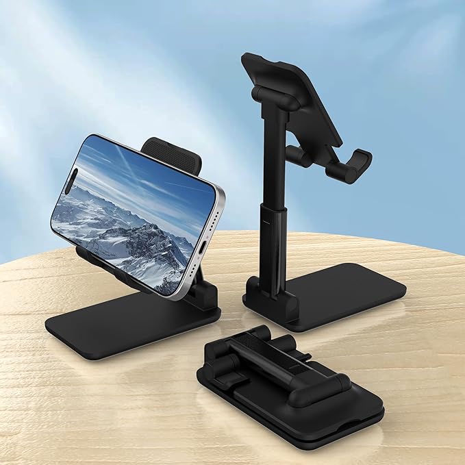 Cell Phone Stand, Adjustable Angle and Height Cell Phone Holder for Desk, Foldable and Portable, Anti-Slip Silicone Pad, Compatible with All Mobile Phones and 4-8 Inch Devices (Black&Black)