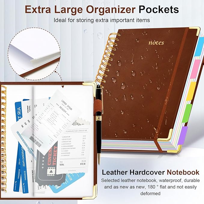 Hardcover Spiral Notebook 8.5"x11" Journal Notebook with Tabs and Removable Dividers 300 Pages 5 Subject Notebook College Ruled, Faux Leather Spiral Bound Notebook for Women School Work (Brown)