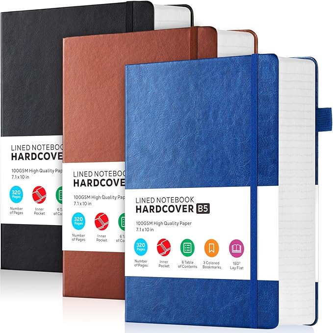FOCUS DAY 3 Pack Leather Notebooks Journals, Bulk Lined Notebook Journals Set for Women Men Writing, 320 Pages Hardcover B5 College Ruled Notebook Journal Notepad for School Office, Black Blue Brown