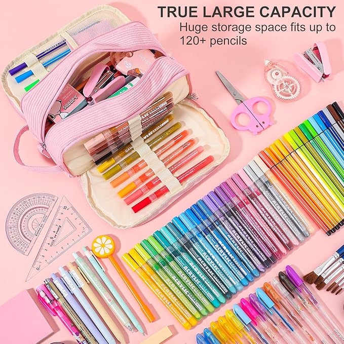 3 Compartment Pencil Case, Extra Large Capacity School Supplies Pencil bag with Easy Handle, Soft Corduroy Pencil Pouch, Aesthetic Supply Pen Case Bag Organizer For Teen Girls College (Blue)