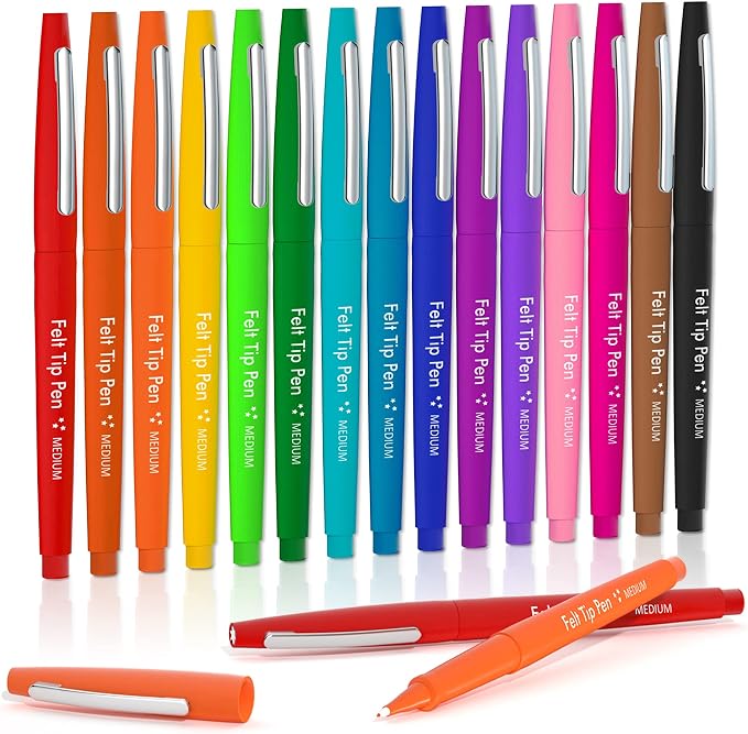 Lelix Felt Tip Pens, 15 Colors, 0.7mm Medium Point, Felt Tip Markers Pens for Journaling, Writing, Note Taking, Planner, Perfect for Art Office and School Supplies