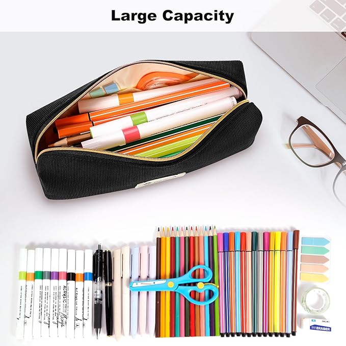 FINPAC Pencil Case, Corduroy Aesthetic Makeup Bag, Cute Kawaii Pen Bag Pouch Holder Box Organize for Study, Office, or Travel (Black)