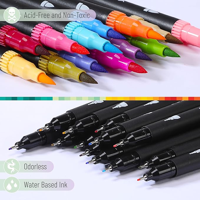 Mr. Pen- Dual Tip Brush Pens, 24 pcs, Assorted Color, Fine & Brush Tip Markers for Adult Coloring Markers for Adults