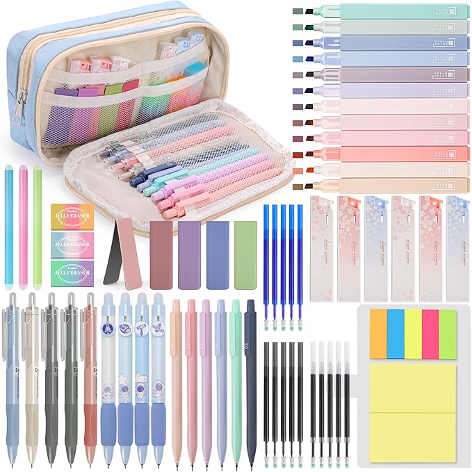 DazSpirit 61 PCS Aesthetic School Supplies with Cute Pencil Case, No Bleed Highlighters, Gel & Erasable Pens, Mechanical Pencils, Refills, Complete College Essentials Stationery Kit for Women
