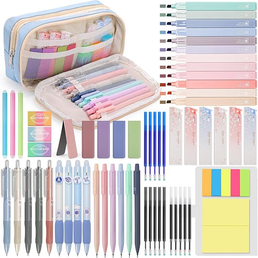DazSpirit 61 PCS Aesthetic School Supplies with Cute Pencil Case, No Bleed Highlighters, Gel & Erasable Pens, Mechanical Pencils, Refills, Complete College Essentials Stationery Kit for Women