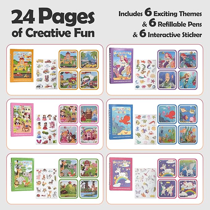 SAMZX Reusable Water Coloring Books for Toddlers 1-3, 6 Pack Magic Water Painting Book with Stickers, No Mess Travel Activity Toys & Educational Learning Kits Gifts for Kids Boys Girls Ages 3+
