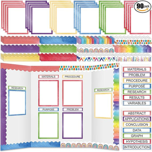 Fuyoooo 90 Pcs Science Fair Board Supplies 60 Trim Scalloped Bulletin Board Borders 24 Presentation Board Subtitles 6 Science Fair Titles for Classroom Display Boards (Watercolor)