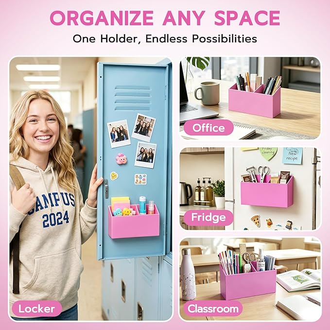 MR.MATE Magnetic Pen Holder, Magnetic Dry Erase Marker Holder for Whiteboard, Non-Slip Pencil Cup Holders for Fridge, Magnet Locker Organizer for Office Classroom Desk Accessories (Pink)