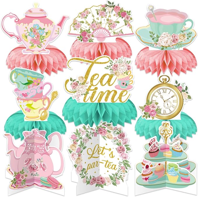 Tea Party Decorations, 9 Pcs Tea Party Table Decorations for Girls | 3D Tea Party Centerpieces for Tables, Floral Teapot Honeycomb Centerpieces for Birthday, Baby Shower Spring Party Supplies