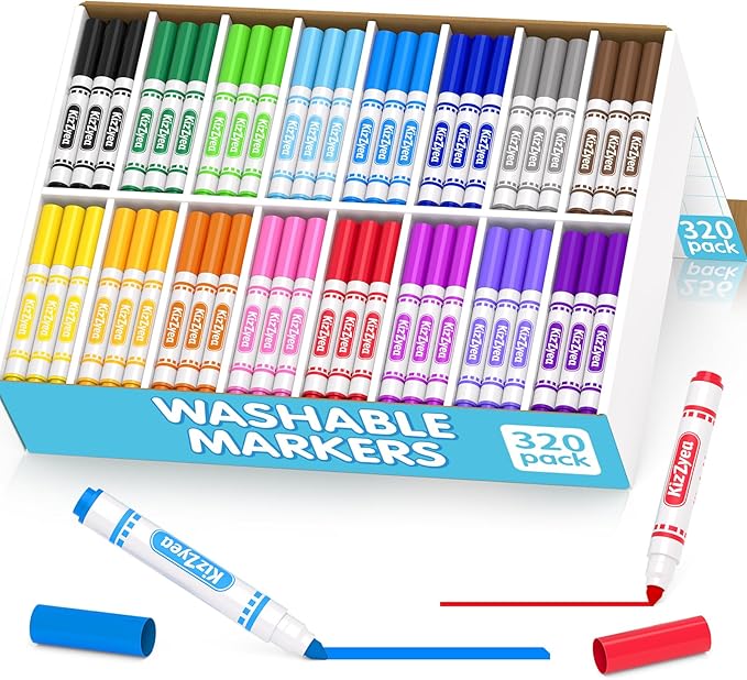 KIZZYEA Washable Markers Bulk for Kids, 320 Count, 16 Assorted Colors, Broad Line Coloring Markers for School, Classroom Supplies for Teachers, Student Art Supplies & Back to School Crafts