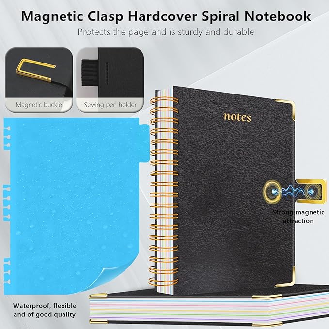 Hardcover Spiral Notebook College Ruled, 8"x10" Leather Journal Notebook with Magnetic Closure, 300 Pages 5 Subject Notebook with Dividers Tabs Journal for Women Men, Work, School(Black)