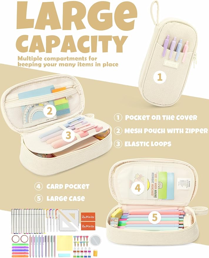 SUNEE Cute Pencil Case, Large Pencil Pouch, Aesthetic Big Pencil Bag with Zipper, Kawaii Stationery Storage and Organizer, School Supplies for Teen and Adult, Boys&Girls, Soft Corduroy Warm Beige