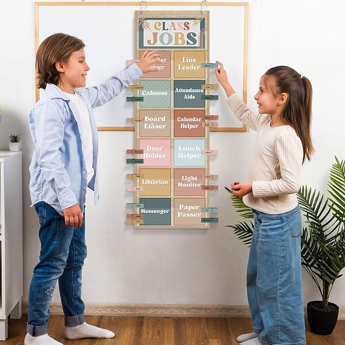 Pasimy Modern Boho Class Jobs Pocket Chart Class Helpers Pocket Chart Classroom Jobs Cards with Clips and Hooks Teacher Helper Bulletin Board Set for Back to School Classroom Teacher Supplies
