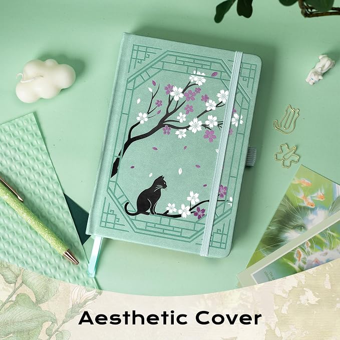 TIEFOSSI A5 Dotted Journal, Cute Cat Journal for Women Girls, Dot Notebook with Pretty Sakura Pattern, Aesthetic Diary for Writing Journaling Drawing, Golden Edges