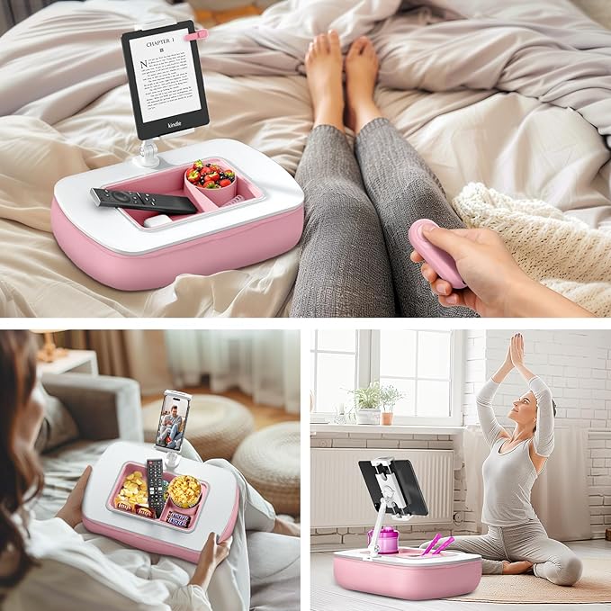 ERGONOV Tablet Pillow Stand for Lap Use with Snack Bowl and 360° Rotating Arm, Adjustable iPad Holder for Bed, Couch, and Recliner, Compatible with 4.7"-13" Kindle, iPad, Tablet, Phone,Pink