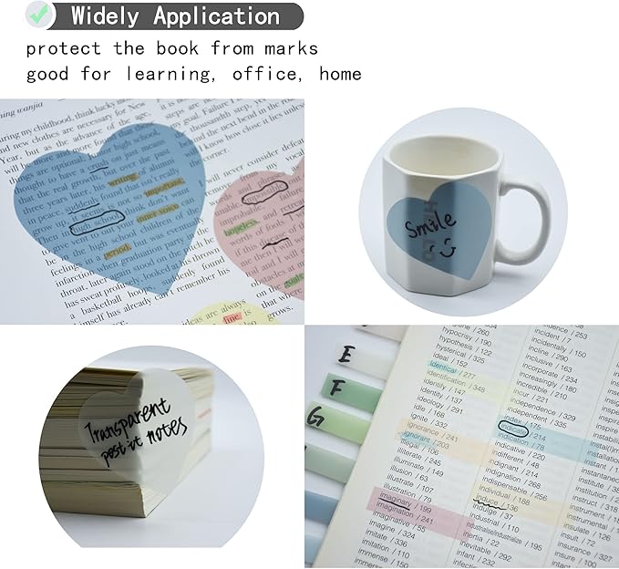 YOUDEFUL 800Pcs Transparent Sticky Notes, 2.76"x2.76" Clear Heart Sticky Notes, Waterproof Translucent Sticky Note Pads for Books Annotation, Clear Post it Notes for Bible Study, School, Office