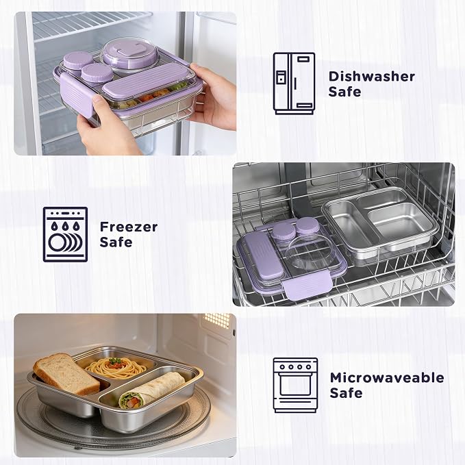 Stainless Steel Bento Lunch Box for Kids Adults with 8oz Insulated Food Jar,Ice Pack,Leak-proof,Dishwasher-Safe,Transparent Lid with Sauce Cup and Cutlery Storage for School & Travel,BPA-Free(Purple)