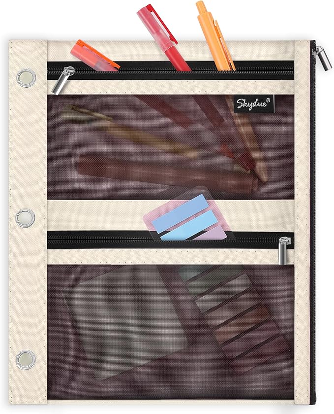 SKYDUE Pencil Pouch for 3 Ring Binder, 3 Pockets and Mesh Window | Zipper Pencil Pouch Pencil Bag with 3 Reinforced Grommets, Durable Organizer for School Supplies, Cables, Earbuds, Makeup