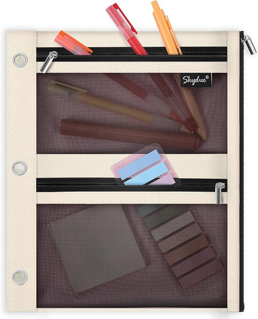 SKYDUE Pencil Pouch for 3 Ring Binder, 3 Pockets and Mesh Window | Zipper Pencil Pouch Pencil Bag with 3 Reinforced Grommets, Durable Organizer for School Supplies, Cables, Earbuds, Makeup