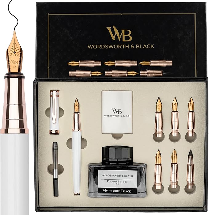 Wordsworth & Black Calligraphy Pen Gift Set, Includes Ink Bottle, 6 Ink Cartridges, A Refill Converter, 6 Replacement Nibs, Journaling, Smooth Writing Pens [White Rose Gold]