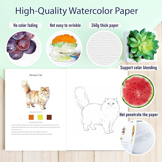 CraftyManor 2Pcs Watercolor Workbook Creative Water Color Paint Book Set with Paints & Brush, 12 Patterns of Original DIY Designs, Beginner-Friendly Adult Coloring Books(Cat & Tree)