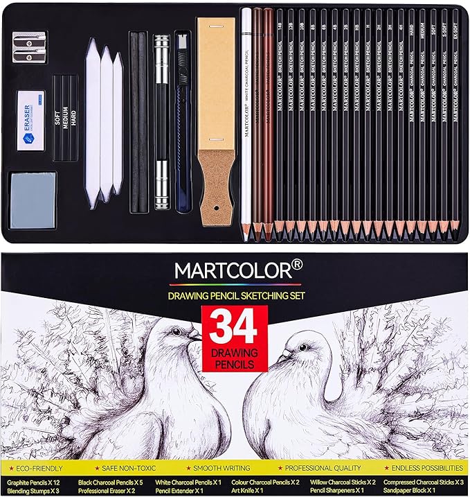 MARTCOLOR Drawing Sketching Pencils Set, 34 Pieces Pro Art Pencil Kit - Graphite Pencils (14B-4H), Charcoal Pencils, Charcoal Sticks, Artist Pencils for Beginners & Pro Artists