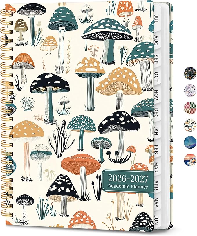 Planner 2026-2027, Academic Planner Weekly and Monthly, Jul 2026 - Jun 2027, Spiral Bound School Planning Tool with Tabs and Pocket, Perfect for Students & Teacher, 8.5" x 11", Mushrooms Grove