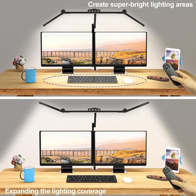 Micomlan Desk Lamp with Clamp, Architect Led Desk Lamp for Home Office with Remote Control, 24W Ultra Bright Auto Dimming Computer Light Adjustable Table Light for Working Workbench (Remote)