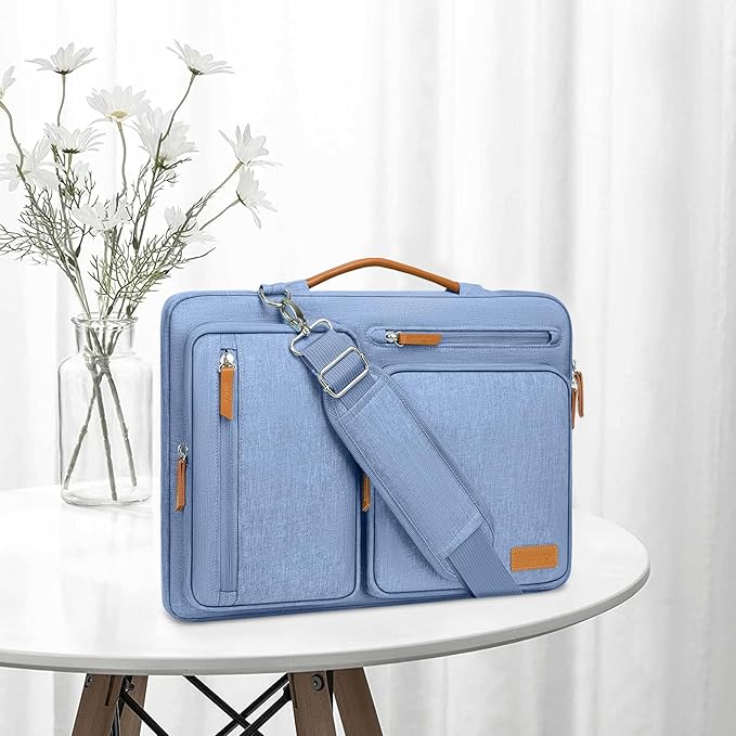 MOSISO 360 Protective Laptop Shoulder Bag,15-15.6 inch Computer Bags Compatible with MacBook Pro 16 inch, HP, Dell, Lenovo, Asus Notebook,Side Open Messenger Bag with 4 Zipper Pockets, Sky Blue