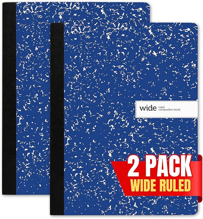 1InTheOffice Composition Notebook Wide Ruled, Wide Ruled Notebook, Marble Notebook, 7 1/2" x 9 3/4", 100 Sheets/Pack, Blue, 2 Pack