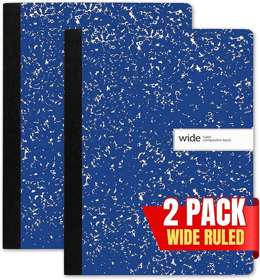 1InTheOffice Composition Notebook Wide Ruled, Wide Ruled Notebook, Marble Notebook, 7 1/2" x 9 3/4", 100 Sheets/Pack, Blue, 2 Pack