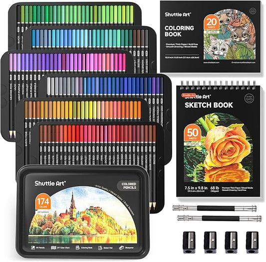 Shuttle Art 174 Colored Pencils for Adults, Soft Core Coloring Pencils Set with 1 Coloring Book, 1 Sketch Pad, 4 Sharpener, 2 Pencil Extender, Perfect for Artists Kids Adults, Drawing