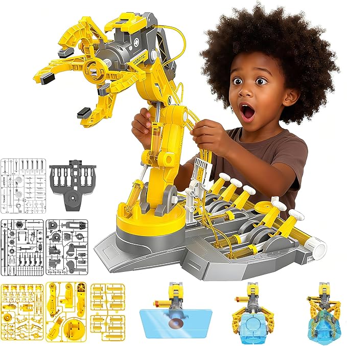 SMIESSKIDDO 3 in 1 Hydraulic Robot Arm - 220 Pcs STEM Building Toys with 4-Jaw Grab, Suction & Tongs for Kids 8-12 | No Batteries Needed Engineering Gift for Boys & Girls Ages 9 10 11 - Yellow