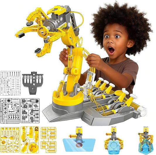 SMIESSKIDDO 3 in 1 Hydraulic Robot Arm - 220 Pcs STEM Building Toys with 4-Jaw Grab, Suction & Tongs for Kids 8-12 | No Batteries Needed Engineering Gift for Boys & Girls Ages 9 10 11 - Yellow