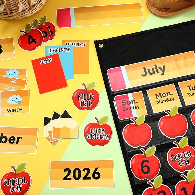 Weysat 128 Pcs Classroom Calendar Pocket Chart Set Calendar Bulletin Board with Pocket Bulletin Board Season Festival Weather Date Chart for Preschool Elementary School Teacher Supplies (Pencil)