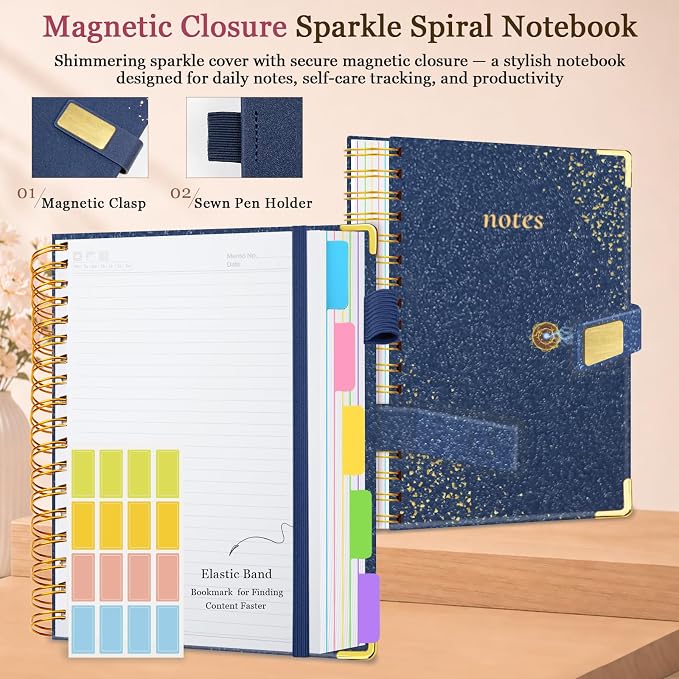 Spiral Notebook Journal 8.5''x 11'' 5 Subject Notebook with Dividers, 300 Pages Notebook College Ruled with Magnetic Closure, A4 Tabbed Notebooks for Work School, Sparkle Journal for Women (Dark Blue)