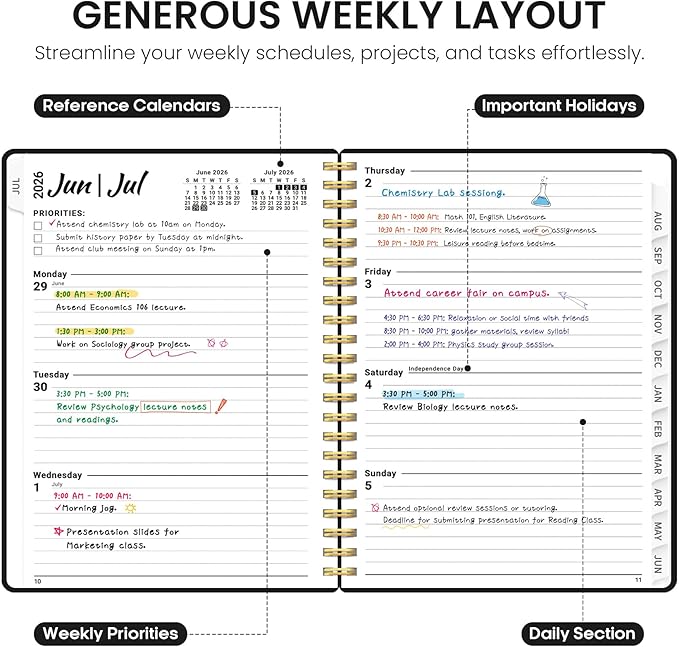 Planner 2026-2027, 8.5" x 11" Weekly and Monthly Academic Year Planner Calendar, July 2026 - June 2027, Hardcover Large School Planning Agenda With Tabs, Perfect for School & Office Supplies, A4, Black