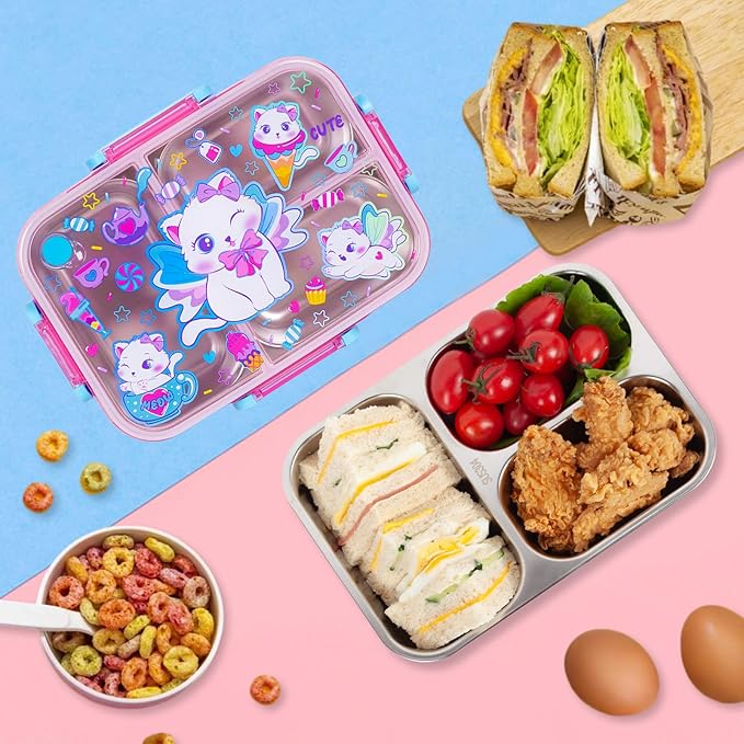 Stainless Steel Bento Lunch Box for Kids, 800ml/27oz BPA-Free Leak-Proof Food Containers with 3 Compartments, Freezer & Dishwasher Safe, Back to School Students Lunches Size for Ages 3-7