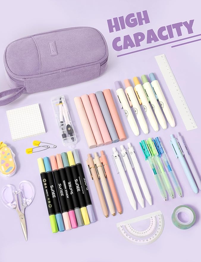 SUNEE Cute Pencil Case, Large Pencil Pouch, Soft Corduroy Fabric Big Pencil Bag with Zipper, Kawaii Pen Bag Stationery Storage and Organizer, School Supplies for Teen, Student, Boys,Girls, Soft Purple