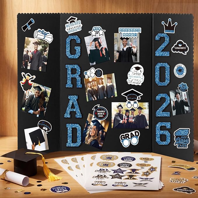 MiniInflat 4 Set 2026 Graduation Picture Trifold Poster Board Double-sided Foldable Photo Display Board Graduation Decoration for Class of 2026 High School College DIY Craft(Blue,24 x 16 Inches)