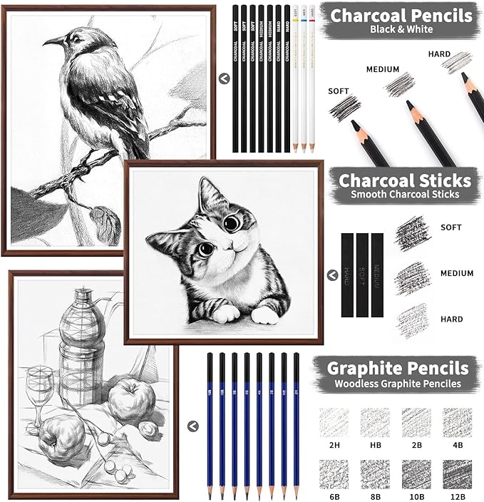 134PCS Art Supplies Sketching Kit, Drawing Set with Rainbow, Colored, Graphite, Watercolor, Metallic, Charcoal Pencils, Art Kits Drawing Pencil Set Gifts for Artists Adults Teens Girls Boys