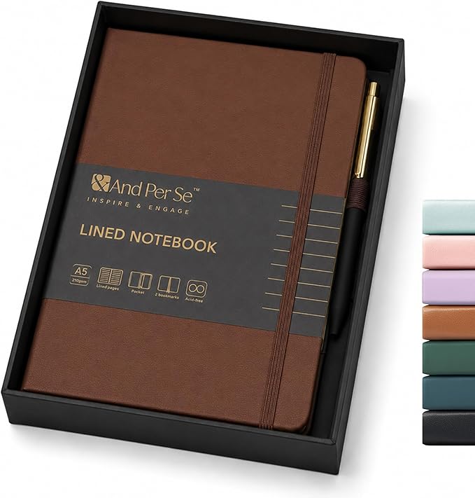 &And Per Se Lined Journal with Pen Set, A5 Leather Hardcover Notebook and Pen, 160 Pages 100GSM Thick Ruled Paper Journal for Writing (Brown)