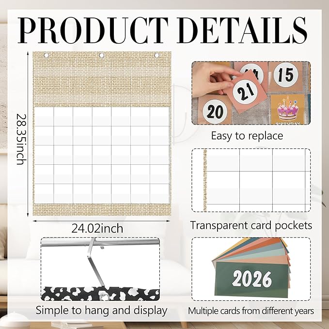 Tinlade Classroom Calendar Pocket Chart Set with 115 Cards 24 x 28 Inch Modern Neutral Calendar Bulletin Board Pocket 2026-2033 Festival Weather Teacher Supplies for Classroom Wall Decoration