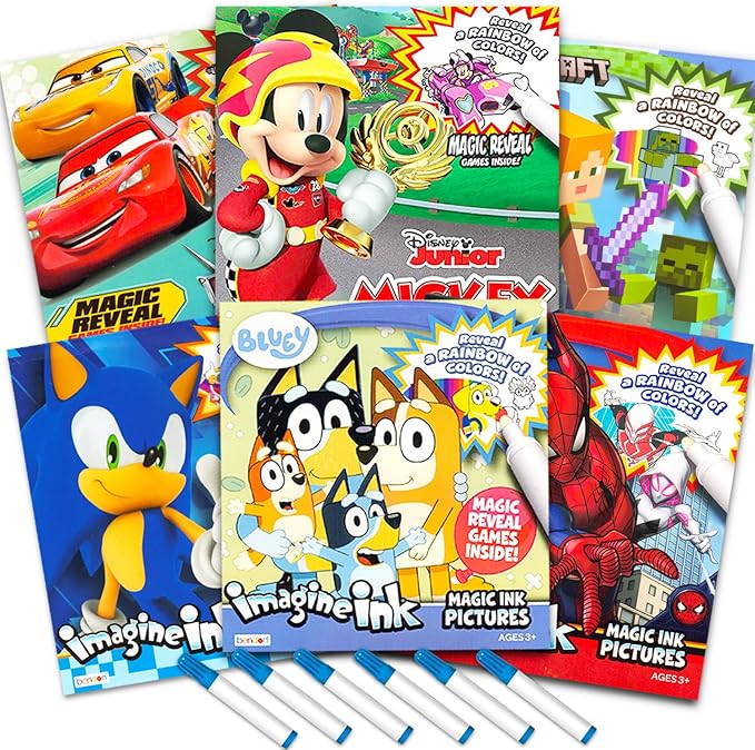 Bulk Imagine Ink Coloring Book Set for Boys - Bundle with 6 No Mess Coloring Books Featuring Sonic, Minecraft, Mickey Mouse, Spidey, Cars, and Bluey
