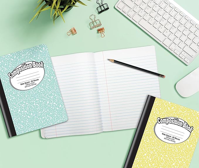 Better Office Products Composition Book Notebook, Hardcover, Assorted Pastel Covers, Wide Ruled (11/32-inch), 80 Sheet, One Subject, 9.75" x 7.5", 6 Pack