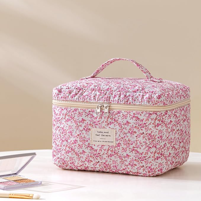 HBselect Quilted Makeup Bag, 3Pcs Cotton Large Travel Makeup Bags Organizer | Cute Floral Make up Bag Cosmetic Bag Toiletry Bag for Women Girls, Makeup Pouch for Skincare, Brushes & Travel Essentials