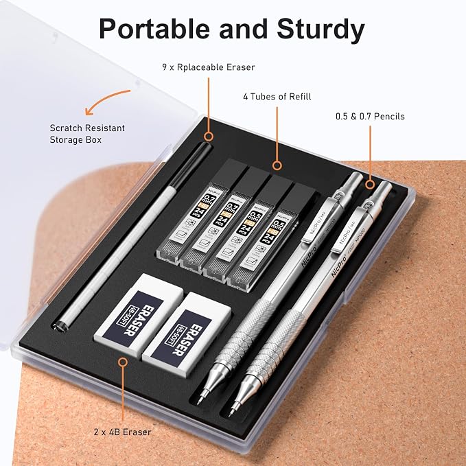 Nicpro 2 PCS Metal Mechanical Pencil 0.5mm & 0.7 mm with Case | MP1000 Pencil Set with 4 Tubes HB Lead Refills, 2 Eraser, 9 Eraser Refill For Art Writing Drafting, Sketch, College - Silver