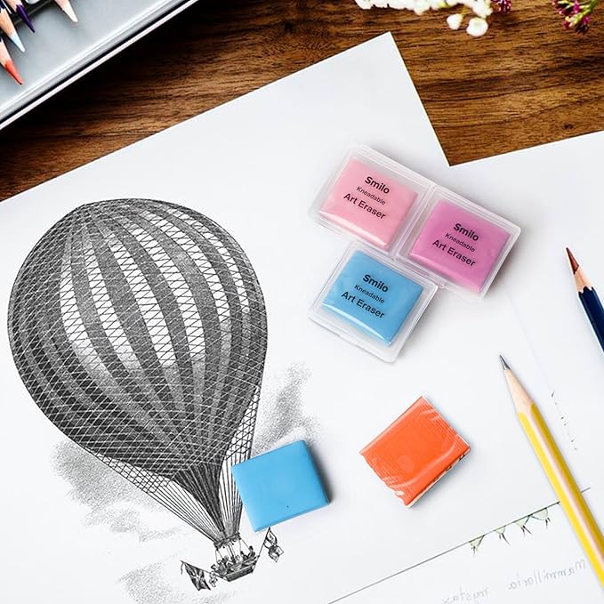 Smilo Kneaded Erasers for Artists, 8-Pack (4 Colors - 2 Each) | Reusable, Dust-Free, No Smudge | Moldable Putty Eraser with Case | Ideal for Drawing, Sketching, Students
