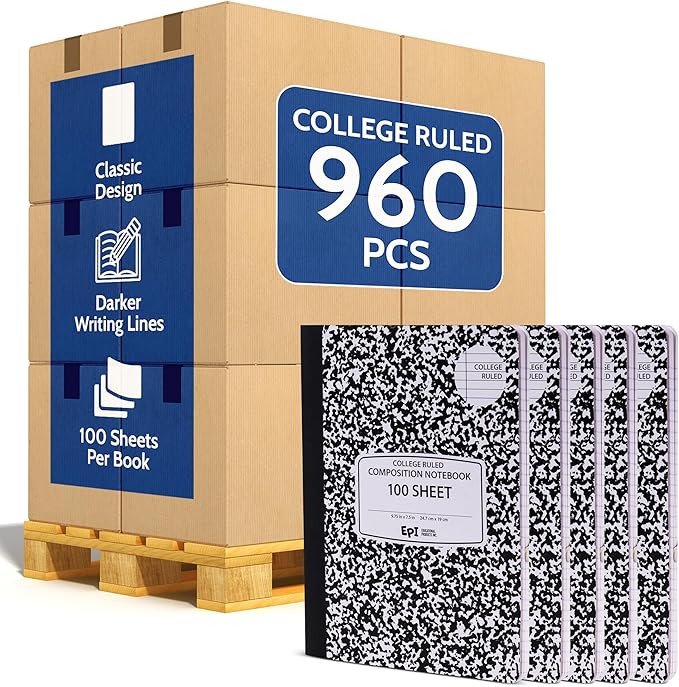960 Pack (Pallet) EPI College Ruled Composition Notebook Bulk, 200 pages (100 Sheets), 9-3/4 x 7-1/2, Black Marble, Bulk School Supplies, Heavy Duty, Durable Office Notebooks, Sturdy Sewn Binding